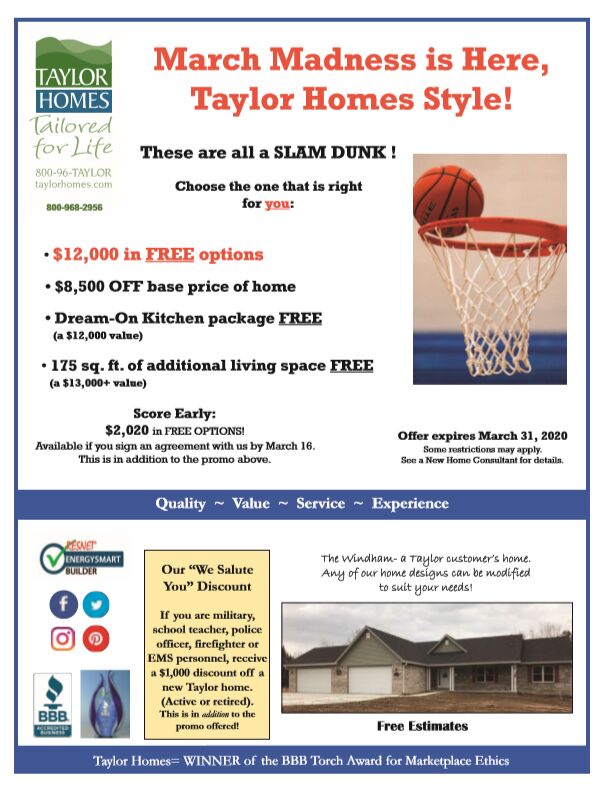 Our March Promotion Madness | March 2020 Specials | Taylor Homes Promo 2