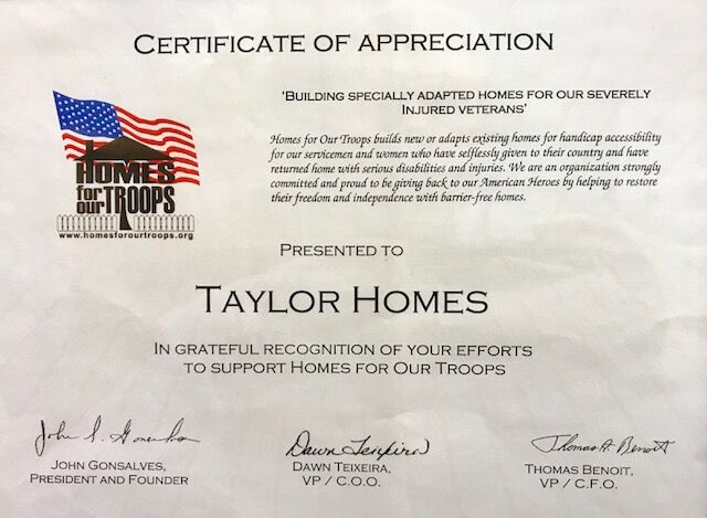 Community Involvement 15 Homes For Our Troops Certificate